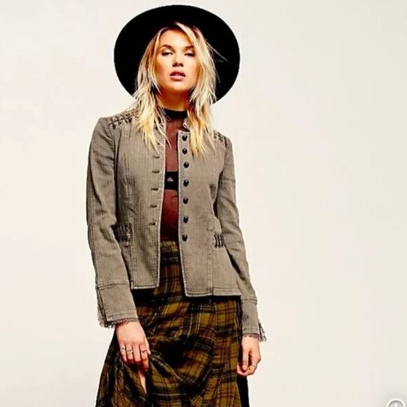 Free People Victorian Ruffle Lace Up Military Jacket Size XS